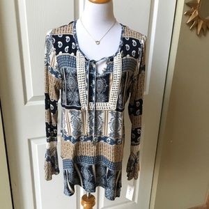 Long Sleeve Peasant Style Blouse w/ Crochet Detail